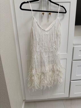 White Fringe & Feather Slip Dress